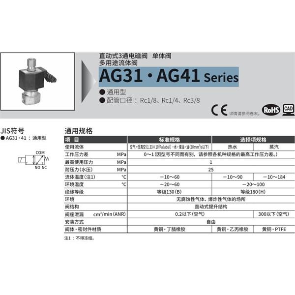 CKD喜開理多種流體直動式2通電磁集成閥AG41-03-1-AC100V