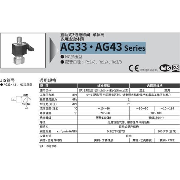 CKD喜開理多種流體直動式2通電磁集成閥AG33-01-1-DC 12V