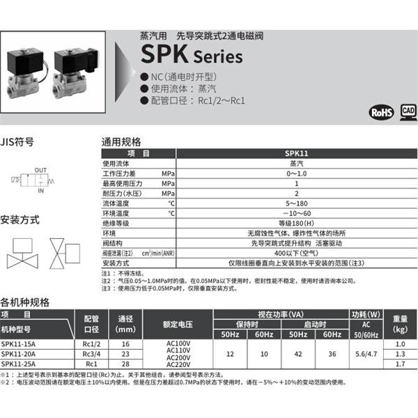 CKD喜開理蒸汽用先導(dǎo)突跳式2通電磁閥SPK11-15A-F4A-AC100V
