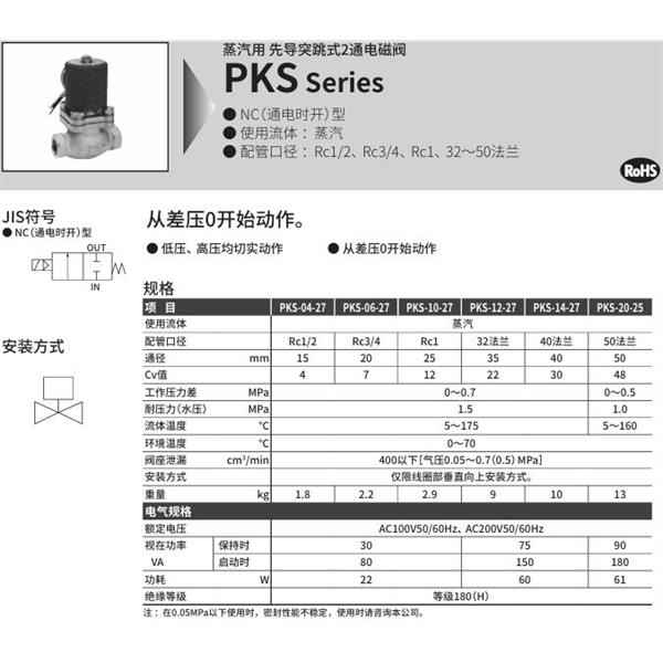 CKD喜開理蒸汽用先導突跳式2通電磁閥PKS-20-27-AC100V
