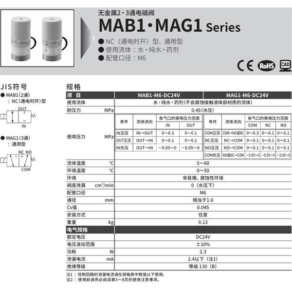 CKD喜開(kāi)理無(wú)金屬2?3通電磁閥MAB1-M6-DC24V