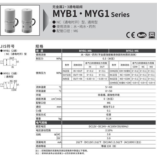 CKD喜開理無金屬2?3通電磁閥MYG1-M6-DC12V