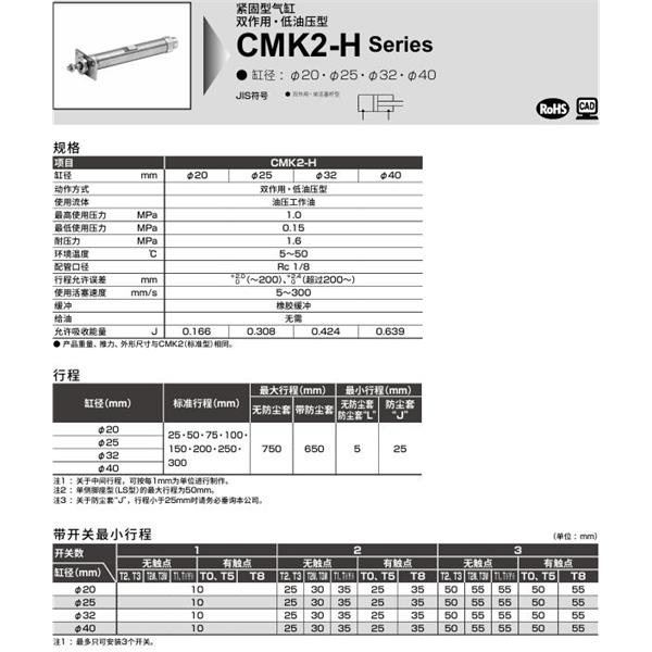 CKD喜開理緊固型氣缸CMK2-H-00-32-100-T0H-R-JI