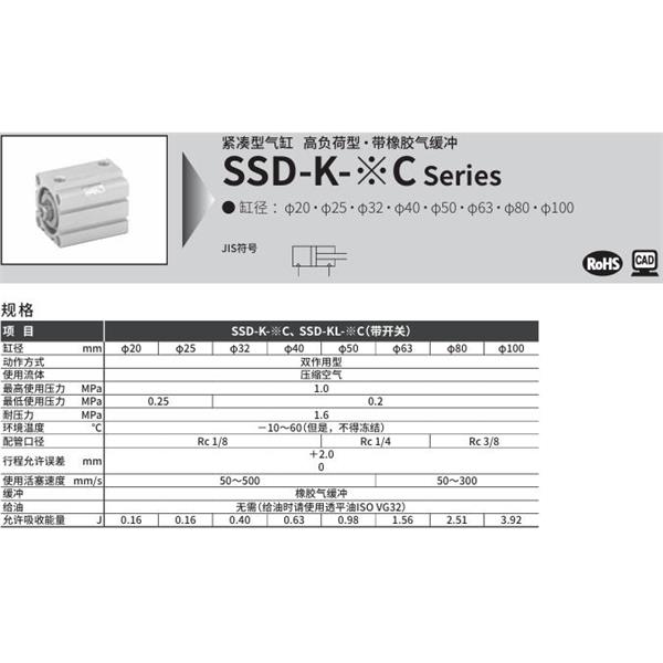 CKD喜開理超級緊湊型氣缸SSD-KL-63C-10-T0H-R-N-LB-I