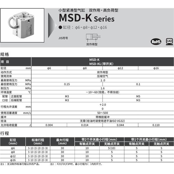 CKD喜開理小型帶線性導(dǎo)軌緊湊型氣缸MSD-K-8-10-R