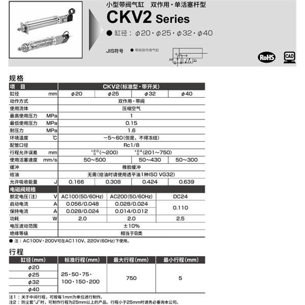 CKD喜開理小型帶閥氣缸CKV2-TA-40-25-U-1-T0H-R-JI