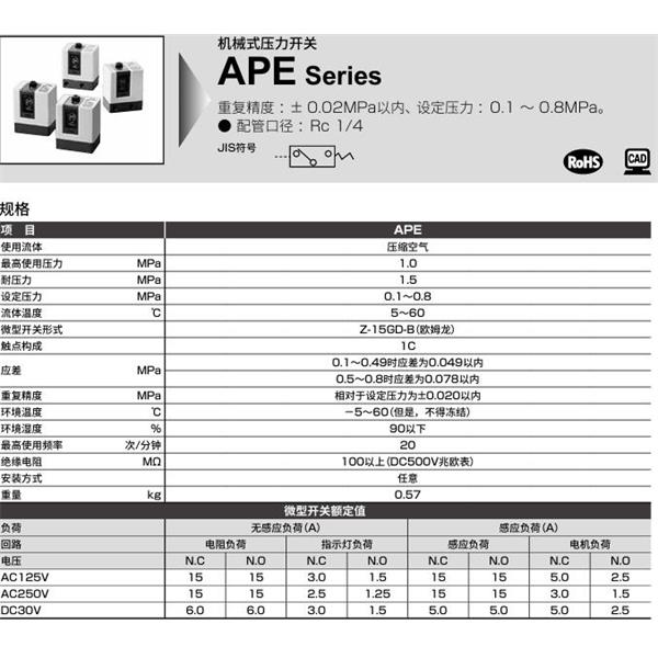 CKD喜開理空氣用機械式壓力開關(guān)APE-8T-3N